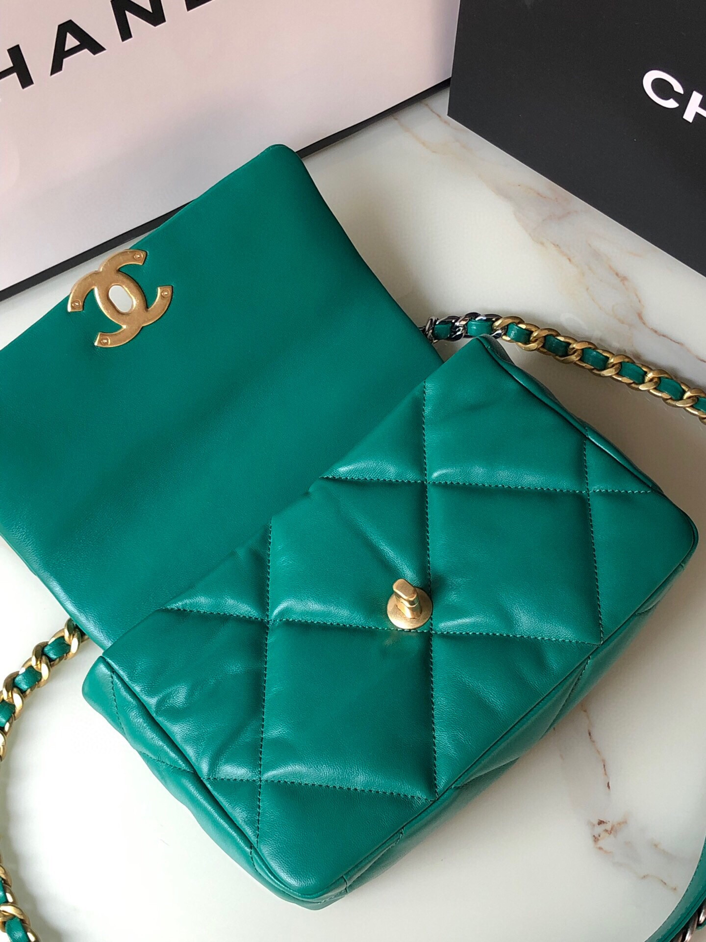 Ch*el 19 handbag shiny leather, gold-tone, silver-tone & ruthenium-finish metal green 6.2 × 10.1 × 3.5 in