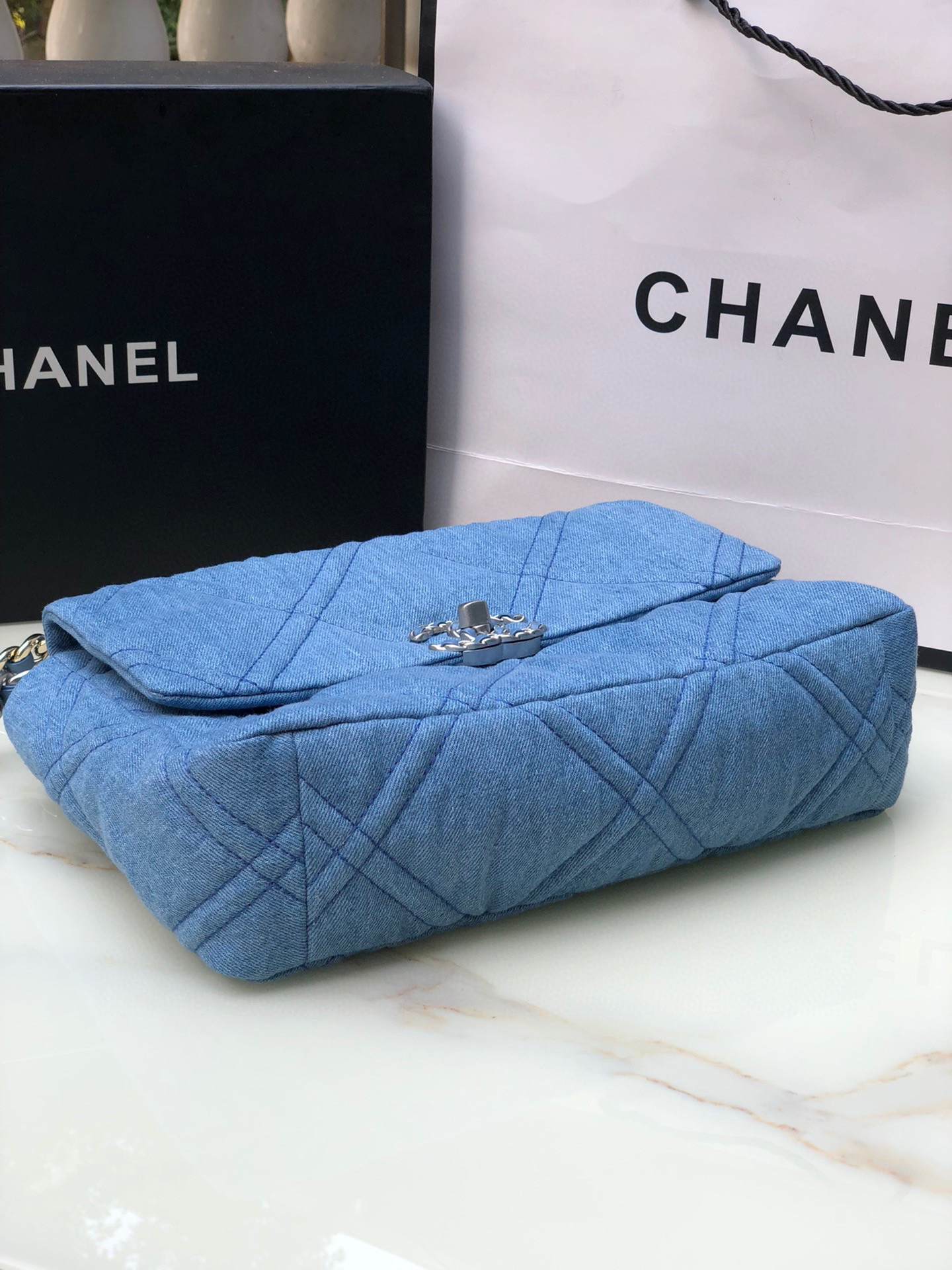 Ch*el 19 large handbag, gold-tone, silver-tone & ruthenium-finish metal blue 7.8 × 11.7 × 3.9 in