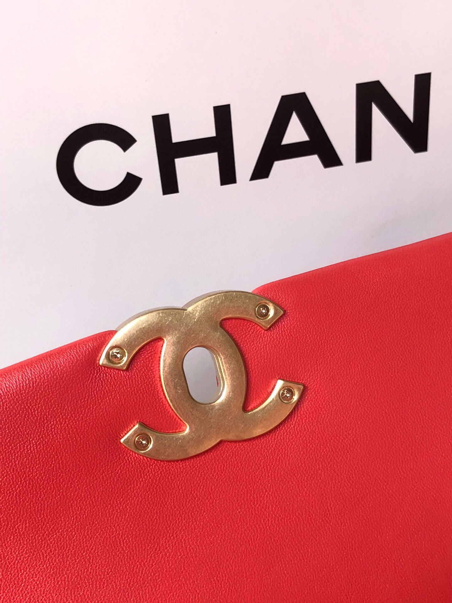 Ch*el 19 large handbag shiny leather red, gold-tone, silver-tone & ruthenium-finish metal 7.8 × 11.7 × 3.9 in