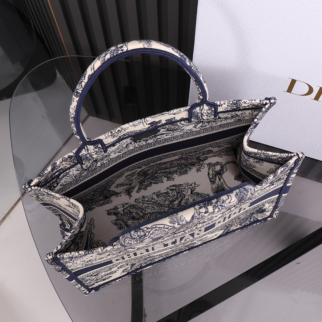 medium D*or book tote  ecru and blue toile de jouy embroidery 14 x 11 x 6.5 inches