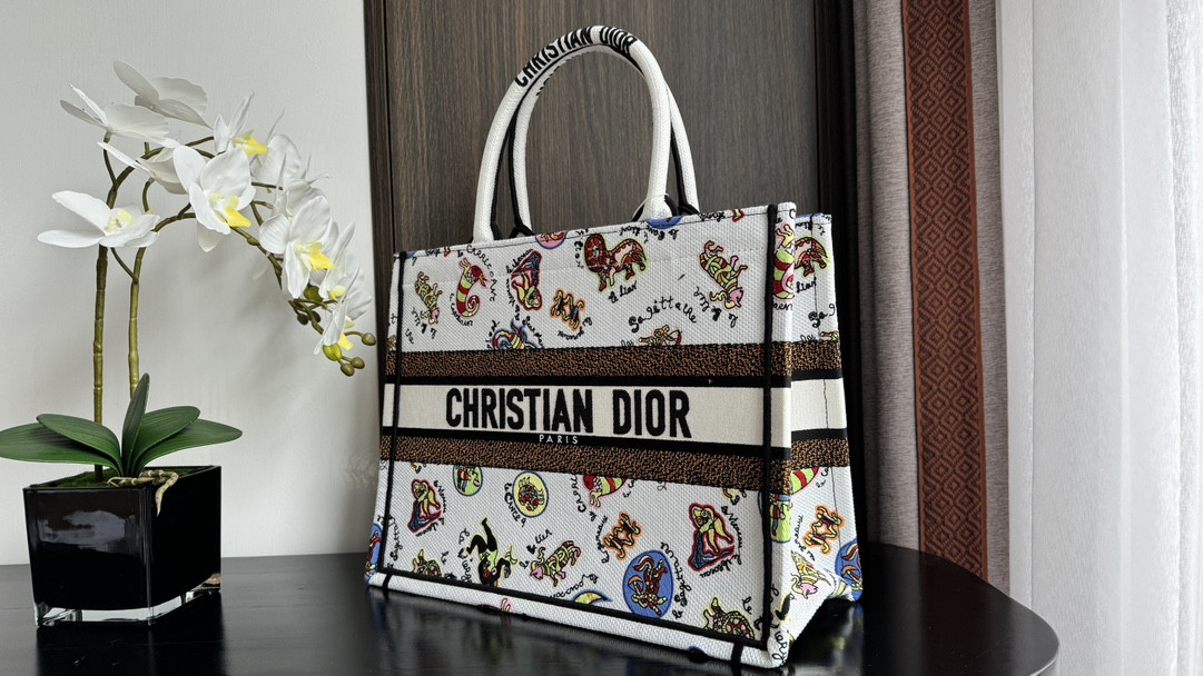 medium D*or book tote white multicolor dragon zodiac embroidery 14 x 11 x 6.5 inches