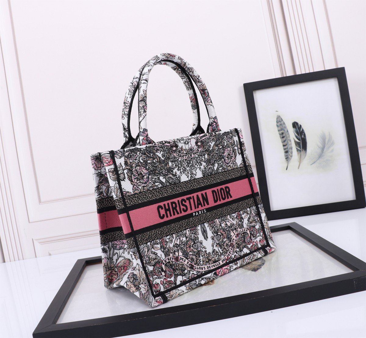small D*or book tote white and pastel pink butterfly around the world embroidery  10.5 x 8.5 x 5.5 inches