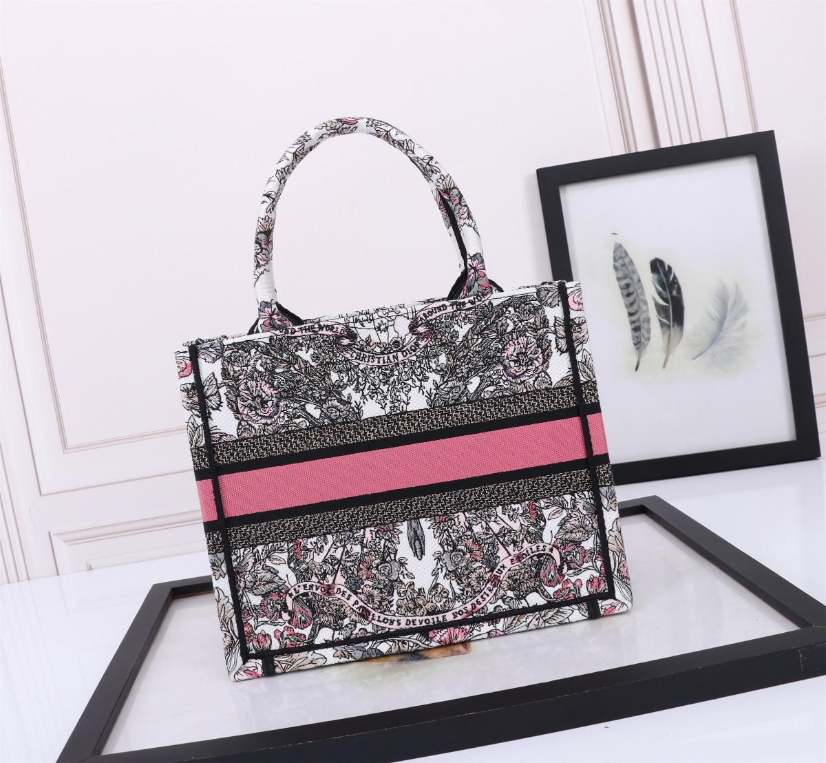 small D*or book tote white and pastel pink butterfly around the world embroidery  10.5 x 8.5 x 5.5 inches