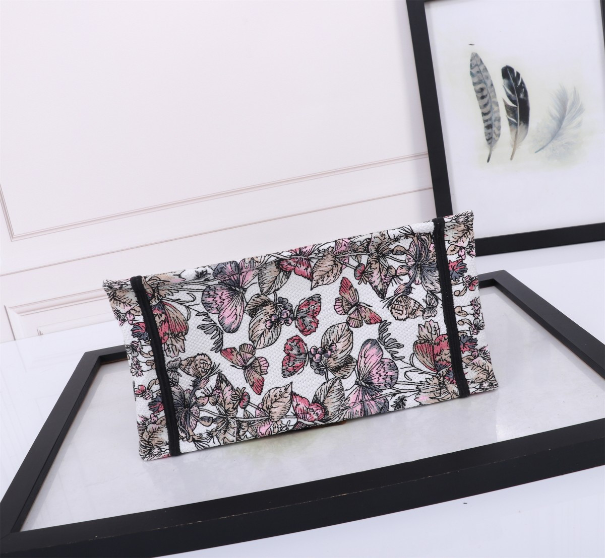 small D*or book tote white and pastel pink butterfly around the world embroidery  10.5 x 8.5 x 5.5 inches
