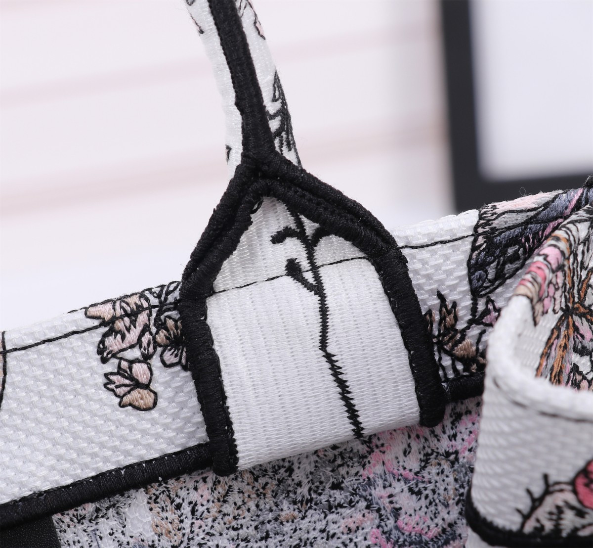 small D*or book tote white and pastel pink butterfly around the world embroidery  10.5 x 8.5 x 5.5 inches