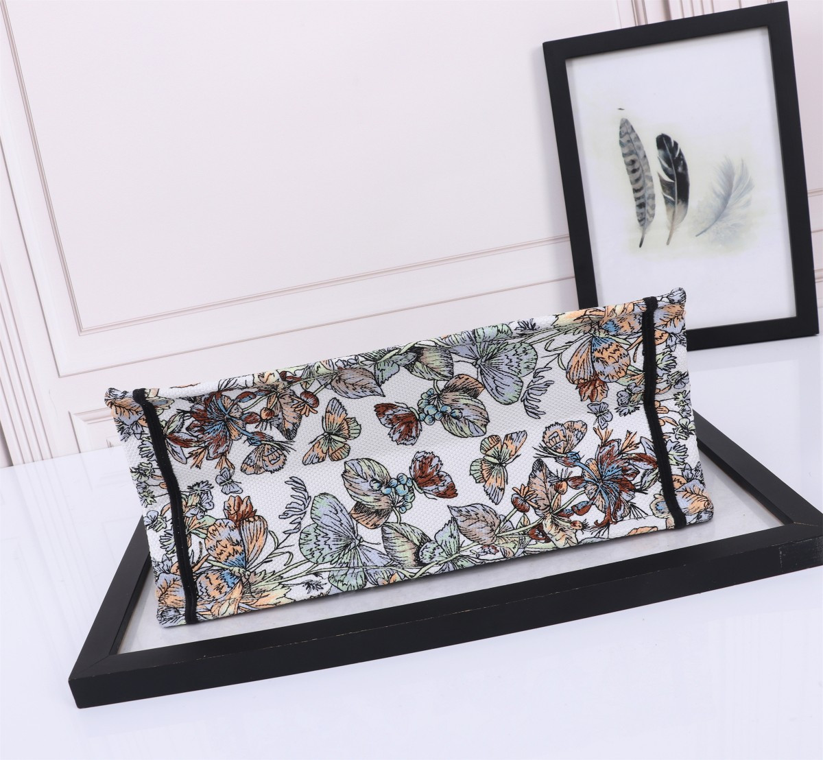 medium D*or book tote  white multicolor toile de jouy mexico embroidery 14 x 11 x 6.5 inches