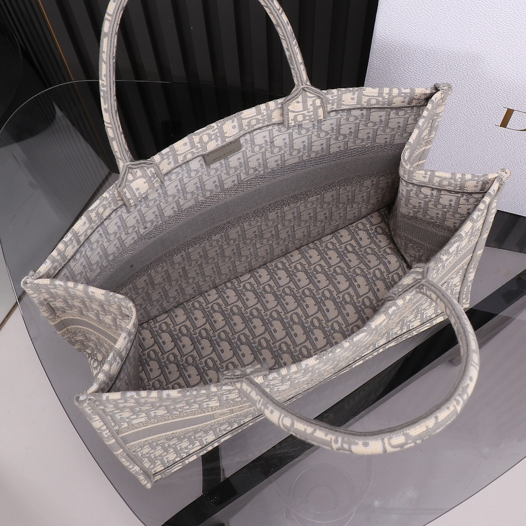 large D*or book tote ecru and gray D*or oblique embroidery 16.5 x 14 x 7.5 inches
