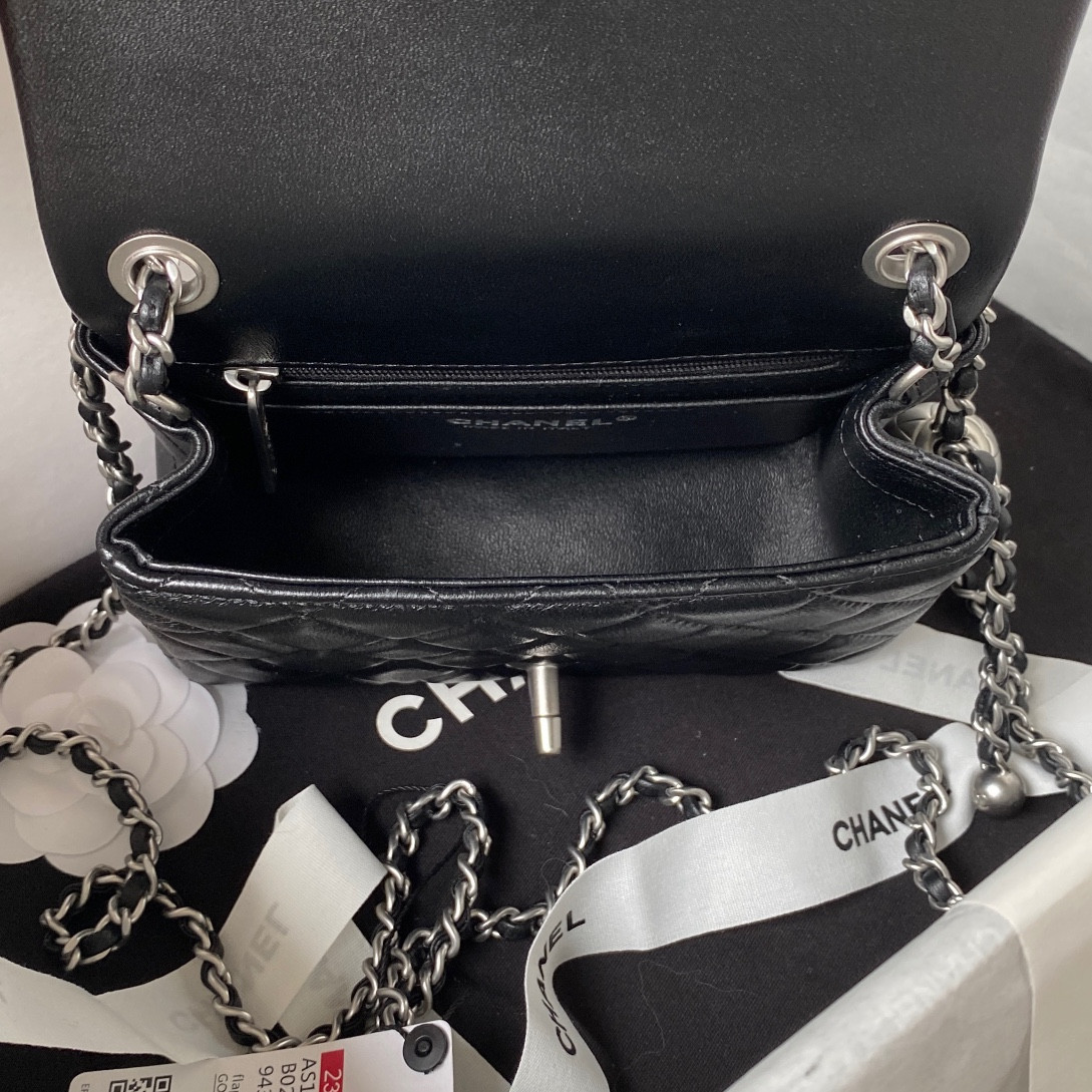 Ch*el mini flap bag shiny calfskin & silver-tone metal black 5.3 × 6.6 × 3.1 in