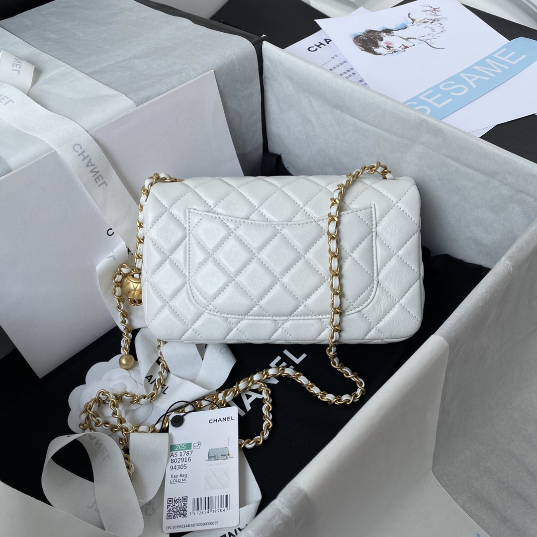 Ch*el mini flap bag shiny calfskin & gold-tone metal white 4.7 × 7.8 × 2.3 in