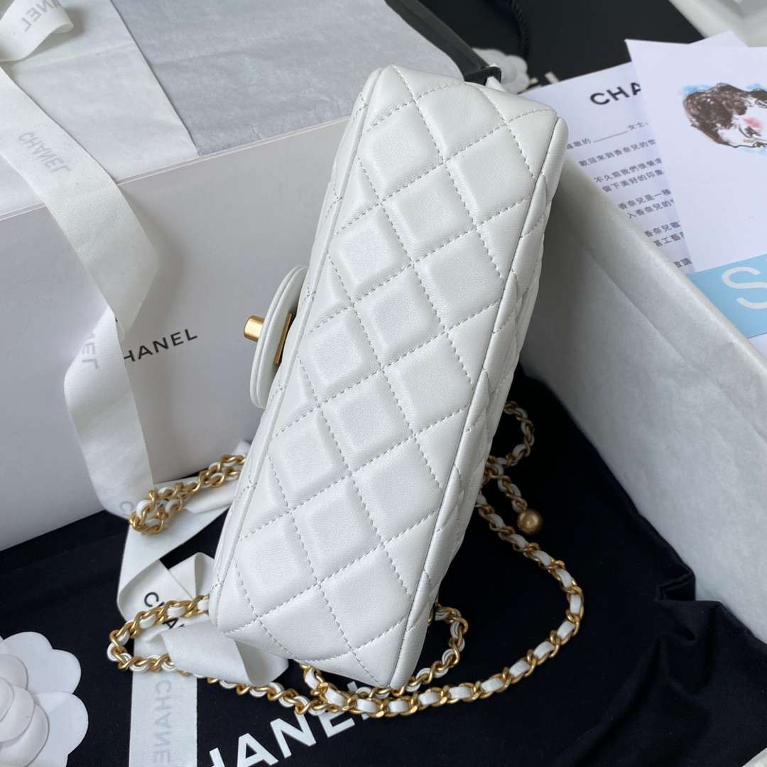 Ch*el mini flap bag shiny calfskin & gold-tone metal white 4.7 × 7.8 × 2.3 in