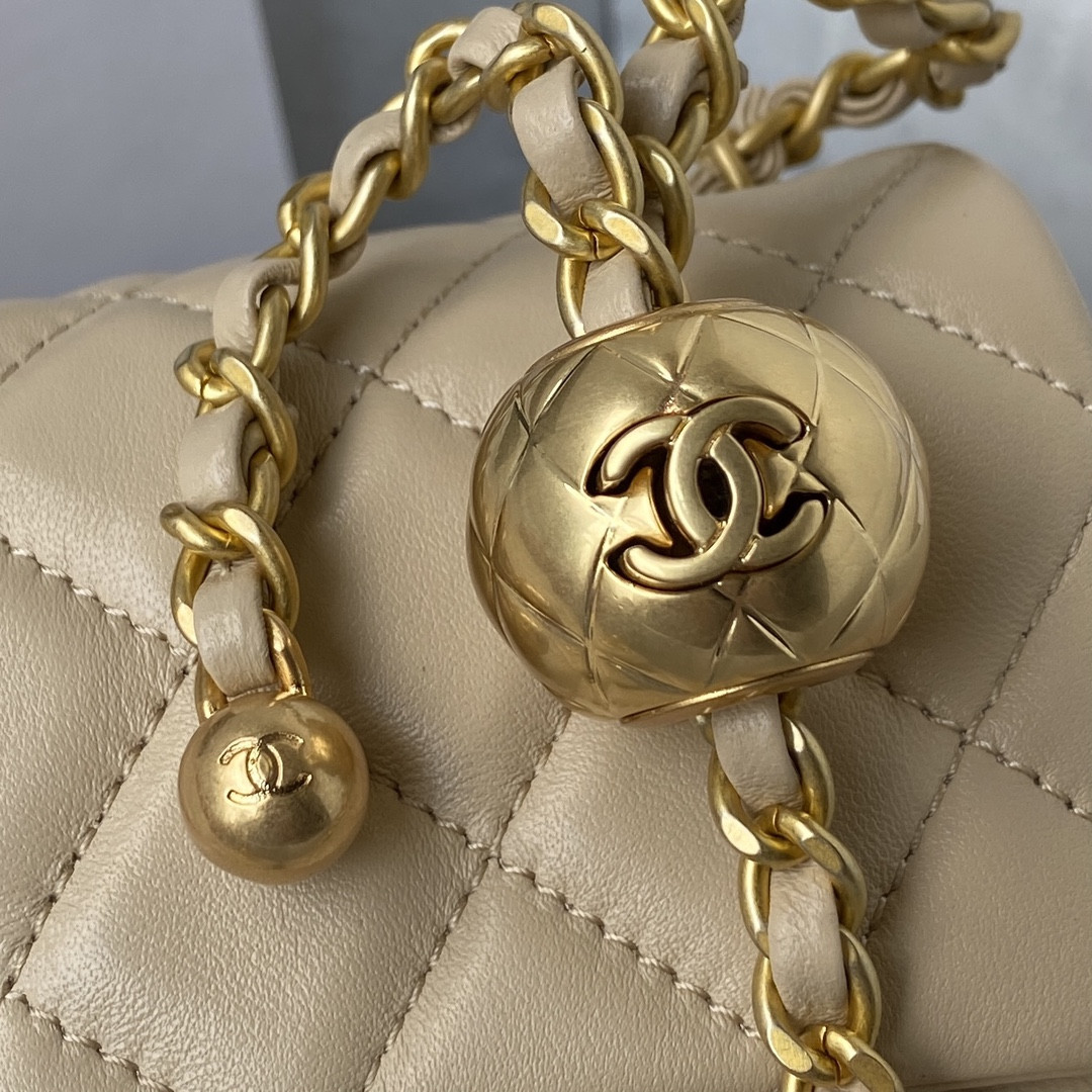 Ch*el mini flap bag shiny calfskin & gold-tone metal light beige 4.7 × 7.8 × 2.3 in