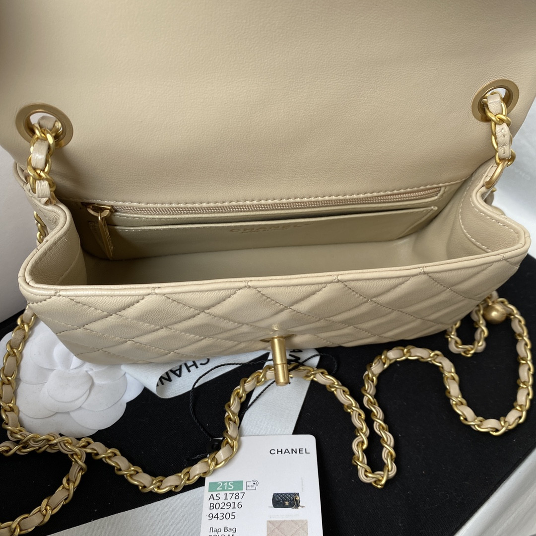Ch*el mini flap bag shiny calfskin & gold-tone metal light beige 4.7 × 7.8 × 2.3 in