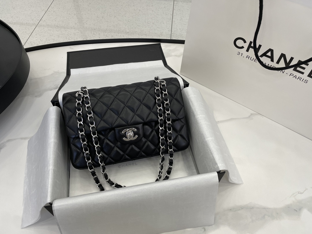 Ch*el small classic handbag grained shiny calfskin & silver-tone metal black 5.7 × 9 × 2.3 in