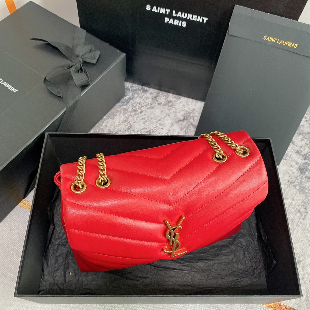 Y*L loulou small in quilted leather shiny red gold 9 x 6.1 x 3.3 inches