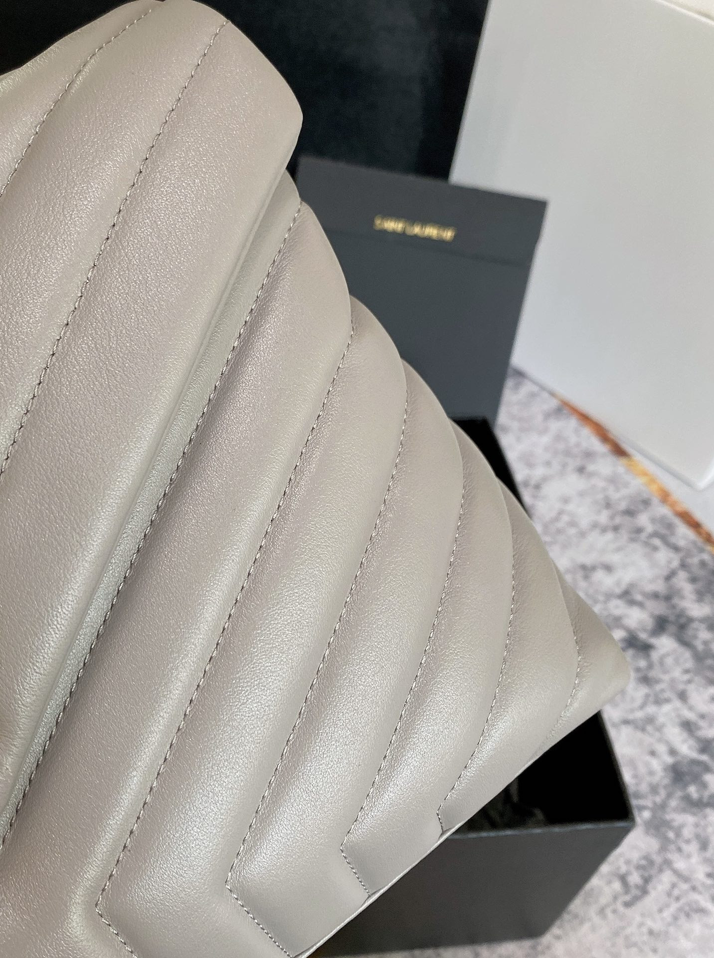Y*L loulou medium in quilted leather greyish brown 12.5 x 8.6 x 3.5 inches