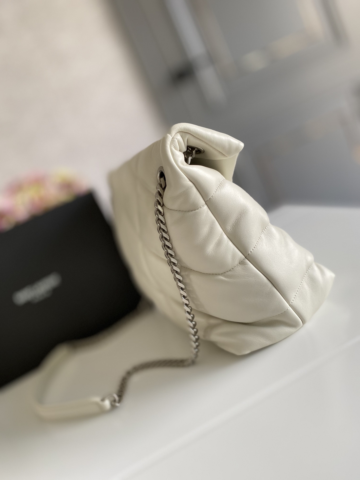 Y*L puffer medium in nappa leather white silver 13.7 x 9 x 5.3 inches