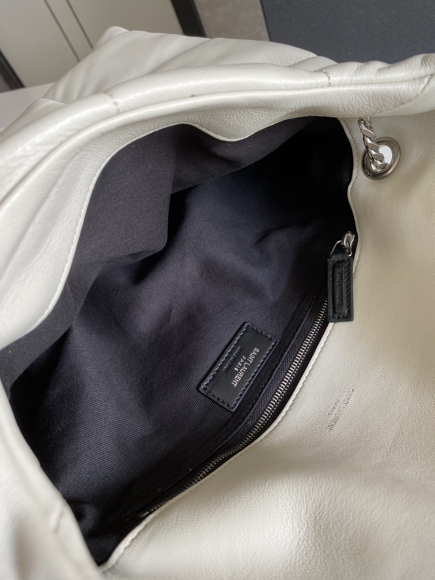 Y*L puffer medium in nappa leather white silver 13.7 x 9 x 5.3 inches