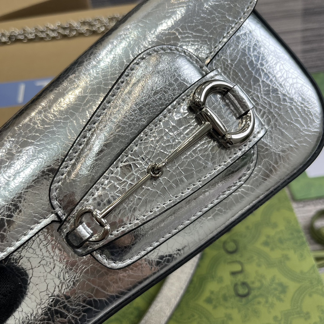 G*u*i horsebit 1955 mini shoulder bag silver 7.7"w x 5-3.1"h x 2.4-1.2"d