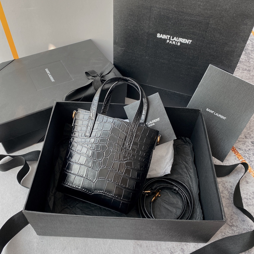 y*l Sa**t Lau*nt paris mini toy shopping in crocodile-embossed leather black 7.1 x 6.7 x 3.1 inches
