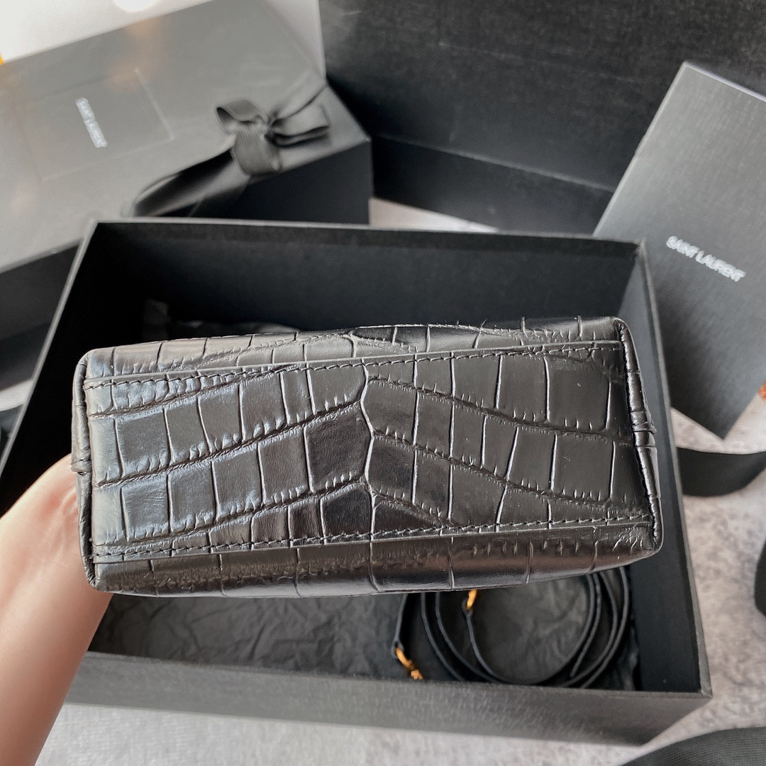 y*l Sa**t Lau*nt paris mini toy shopping in crocodile-embossed leather black 7.1 x 6.7 x 3.1 inches