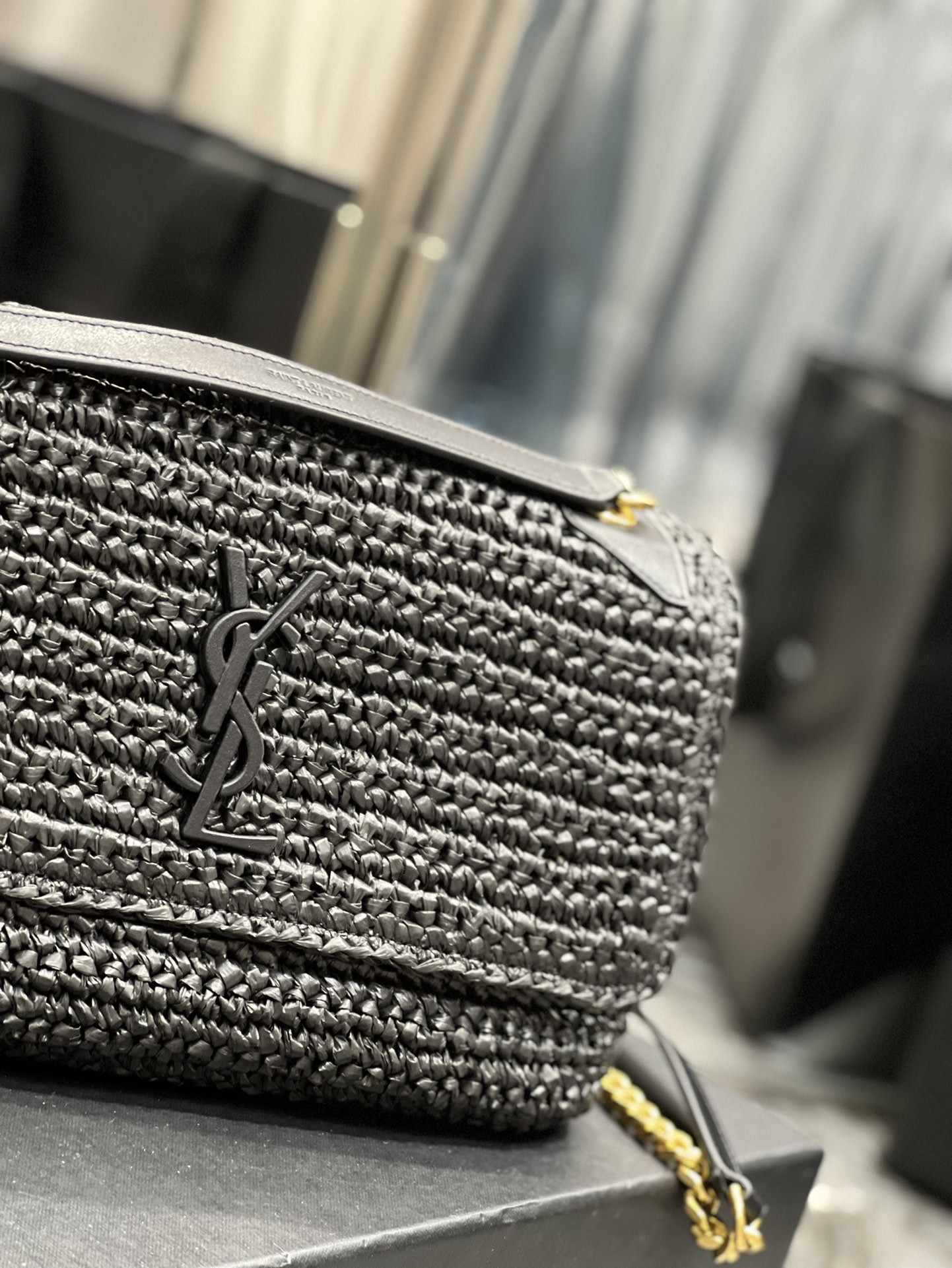 Y*L niki medium chain bag in raffia and leather black 11 x 7.8 x 3.3 inches