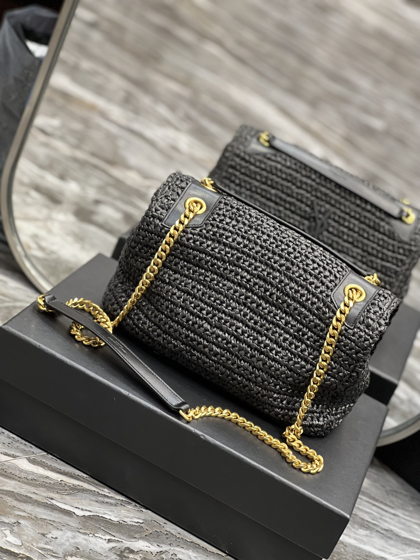 Y*L niki medium chain bag in raffia and leather black 11 x 7.8 x 3.3 inches