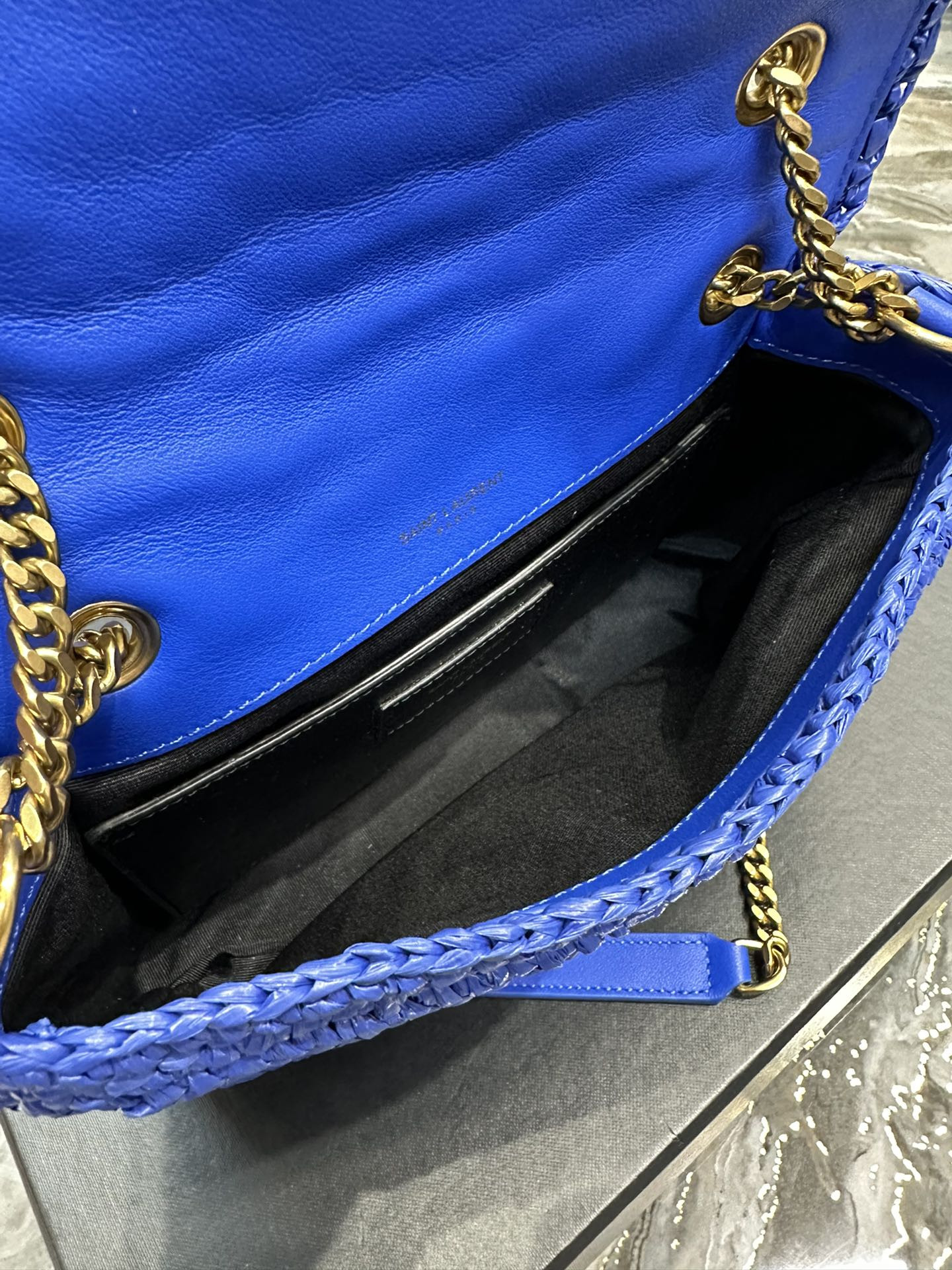 Y*L niki chain bag in raffia and leather blue 22×16.5×12 cm