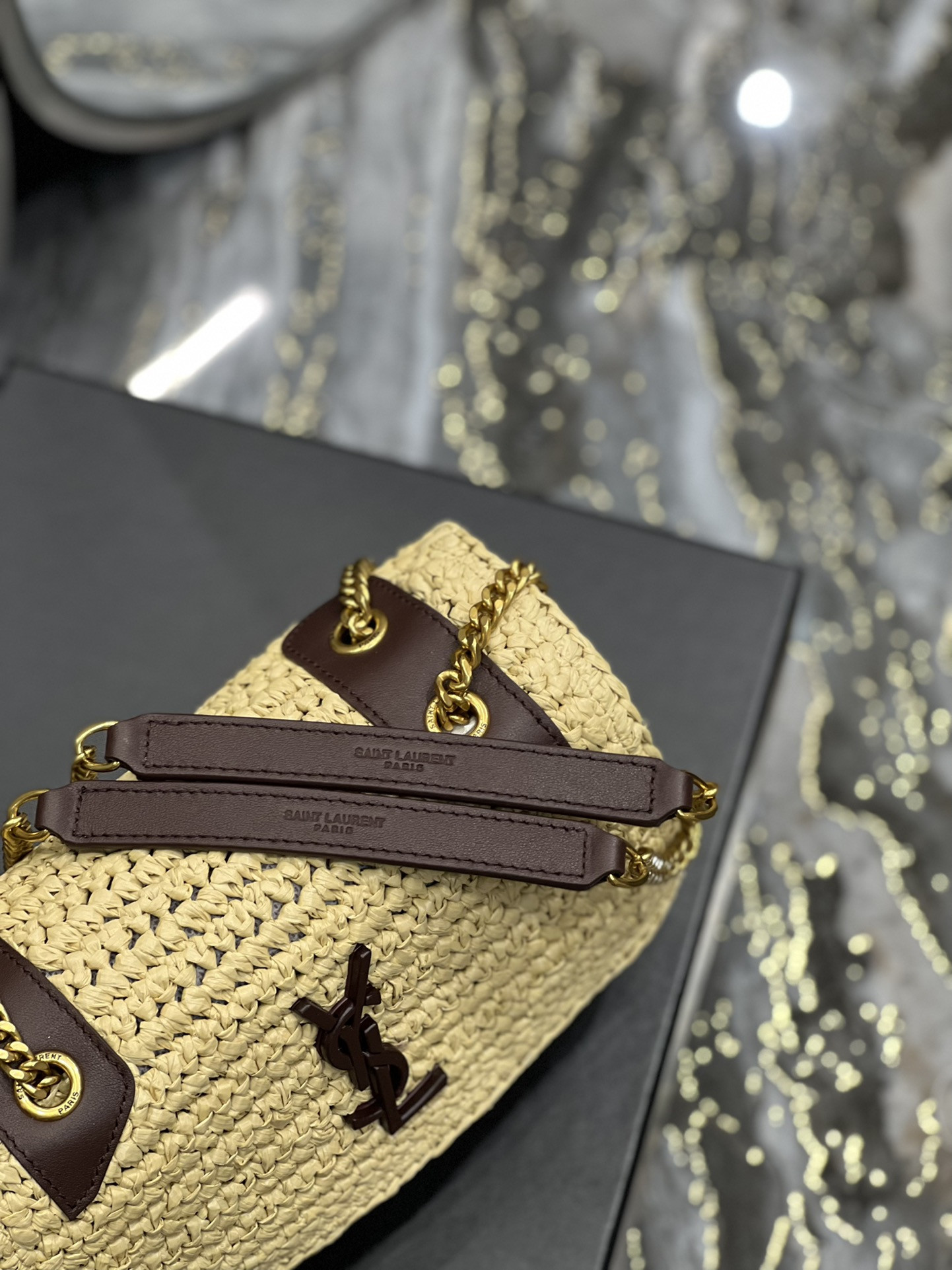 Y*L niki chain bag in raffia and leather beige 22×16.5×12 cm