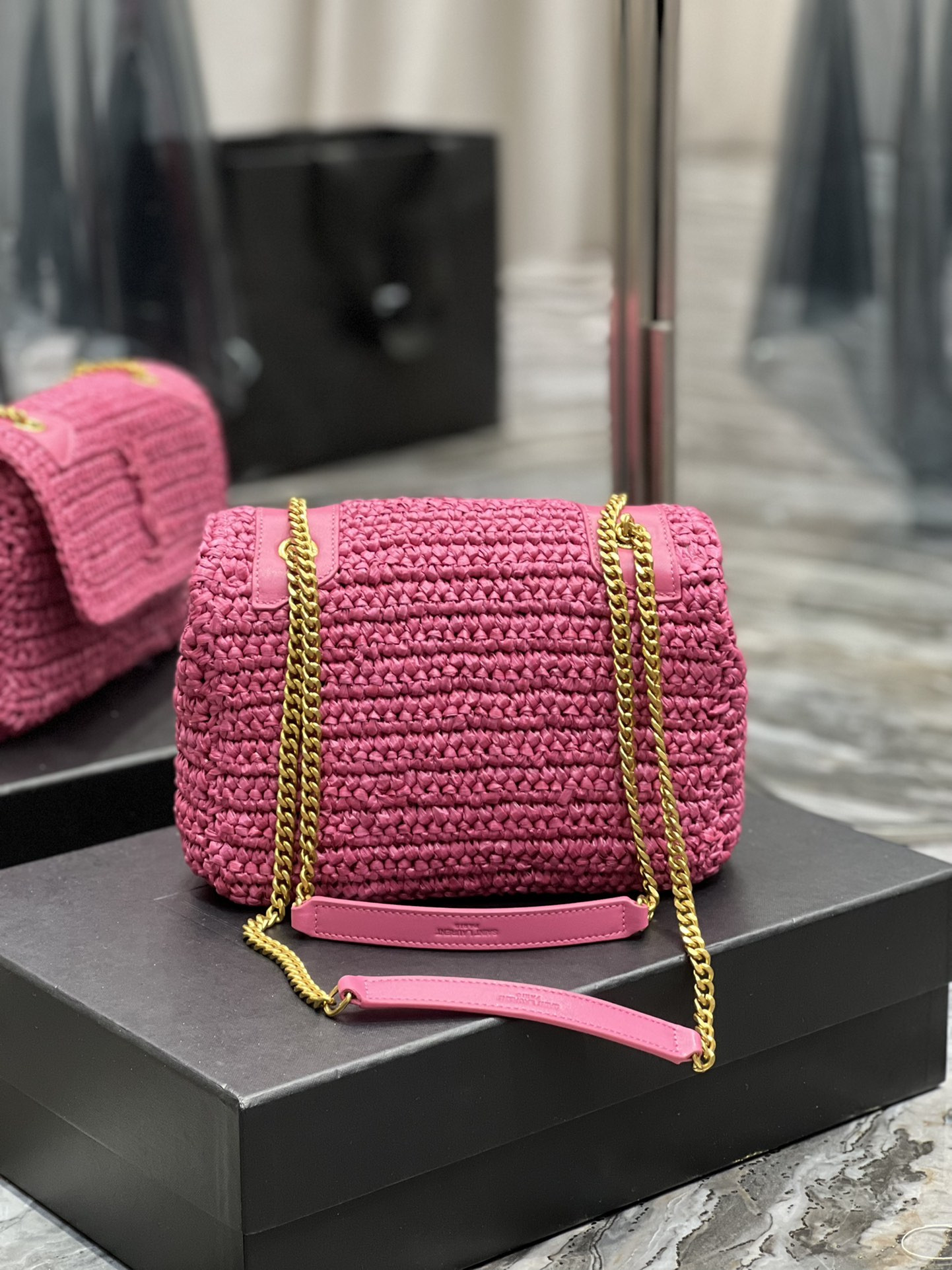 Y*L niki chain bag in raffia and leather 22×16.5×12 cm