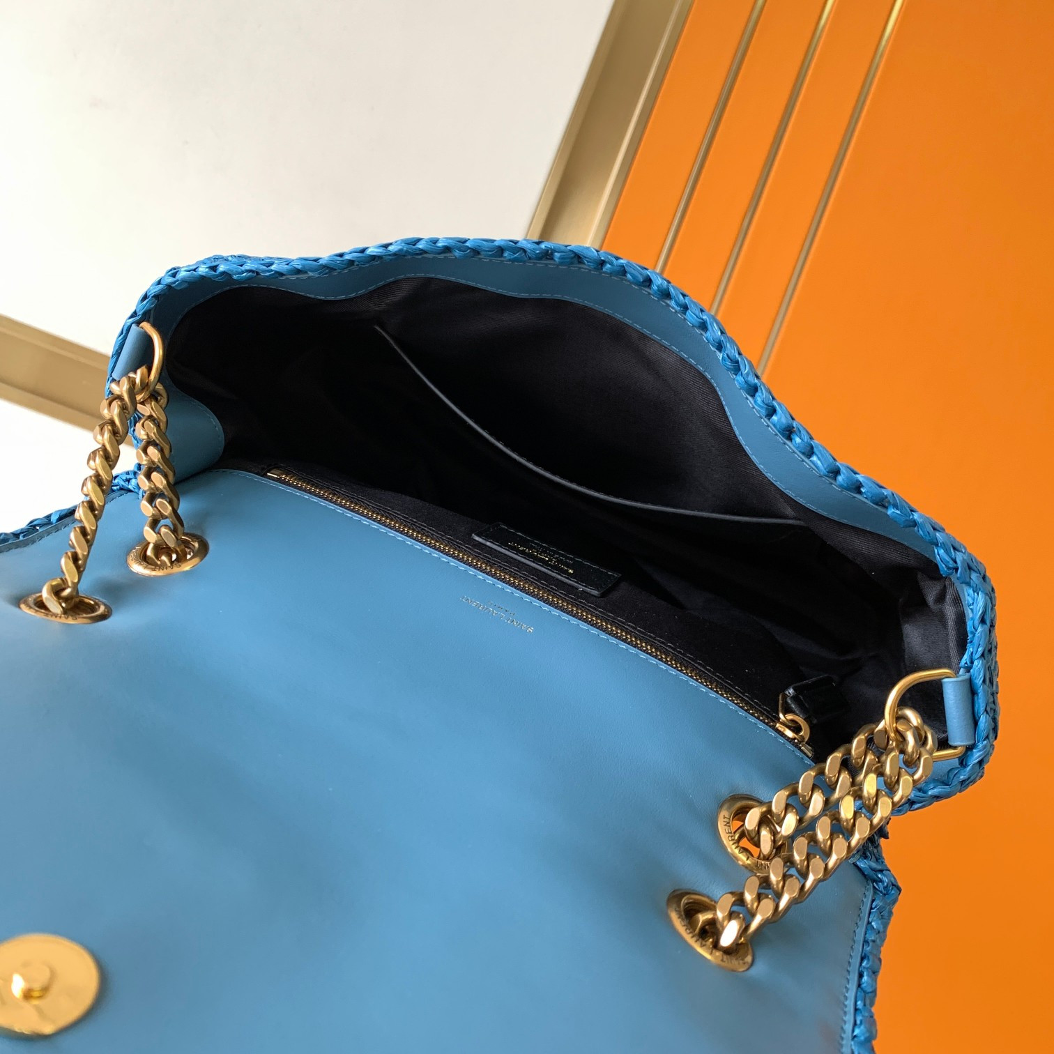Y*L niki medium chain bag in raffia and leather blue 11 x 7.8 x 3.3 inches