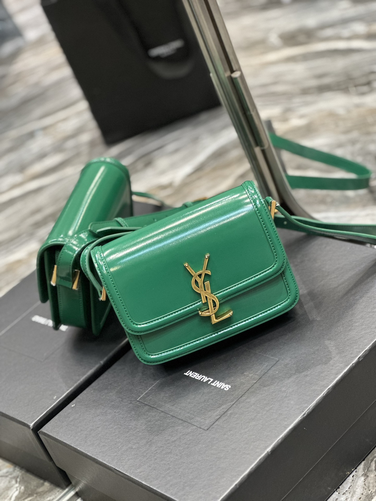 y*l solferino small satchel in box Sa**t Lau*nt green 7.4 x 5.1 x 1.9 inches