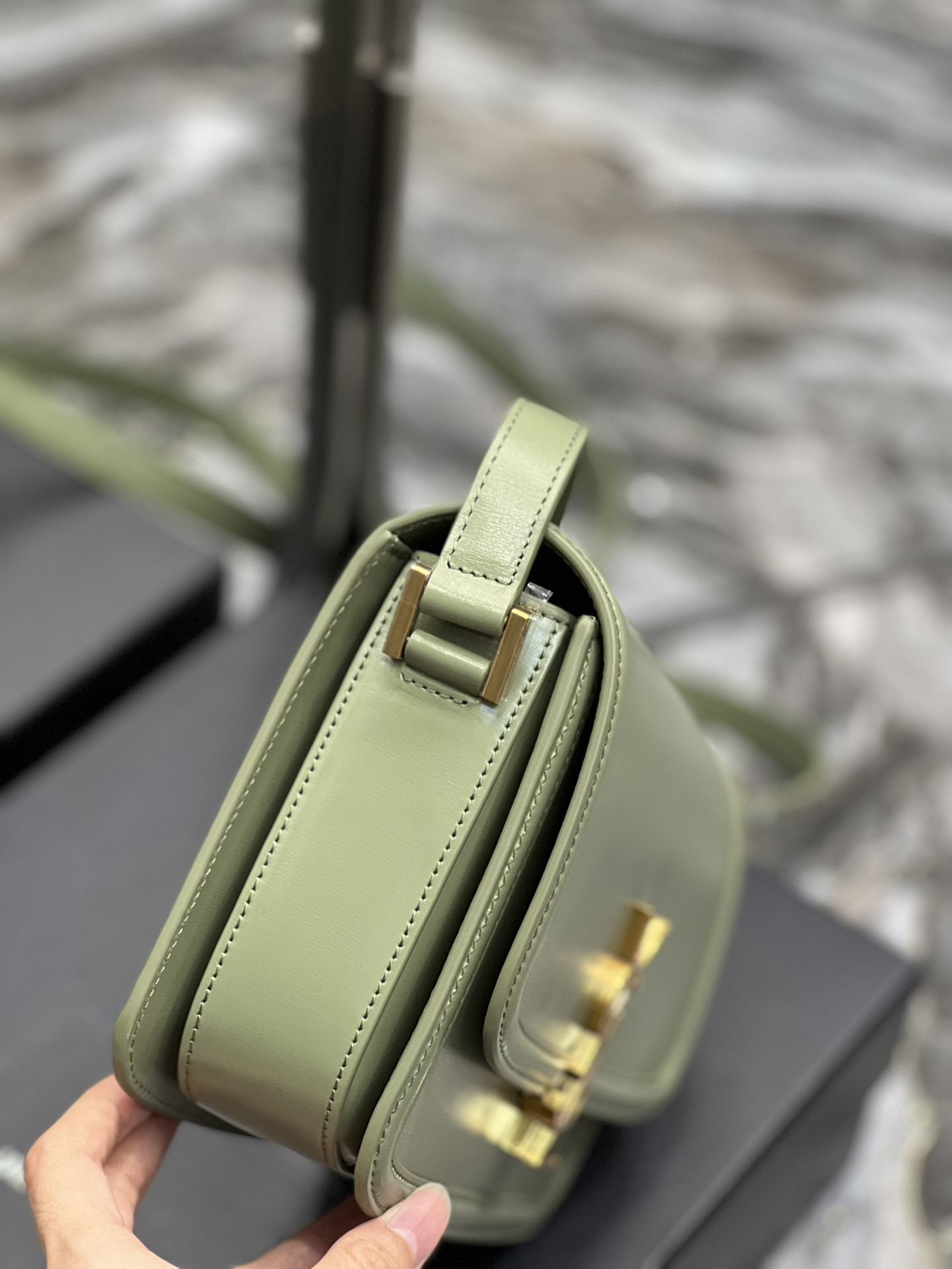 y*l solferino medium satchel in box Sa**t Lau*nt light green 9.1 x 6.3 x 2.4 inches
