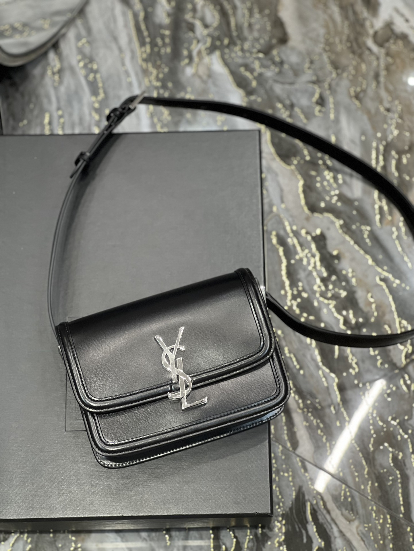 Y*L solferino small in glazed leather  7.4 x 5.1 x 1.9 inches