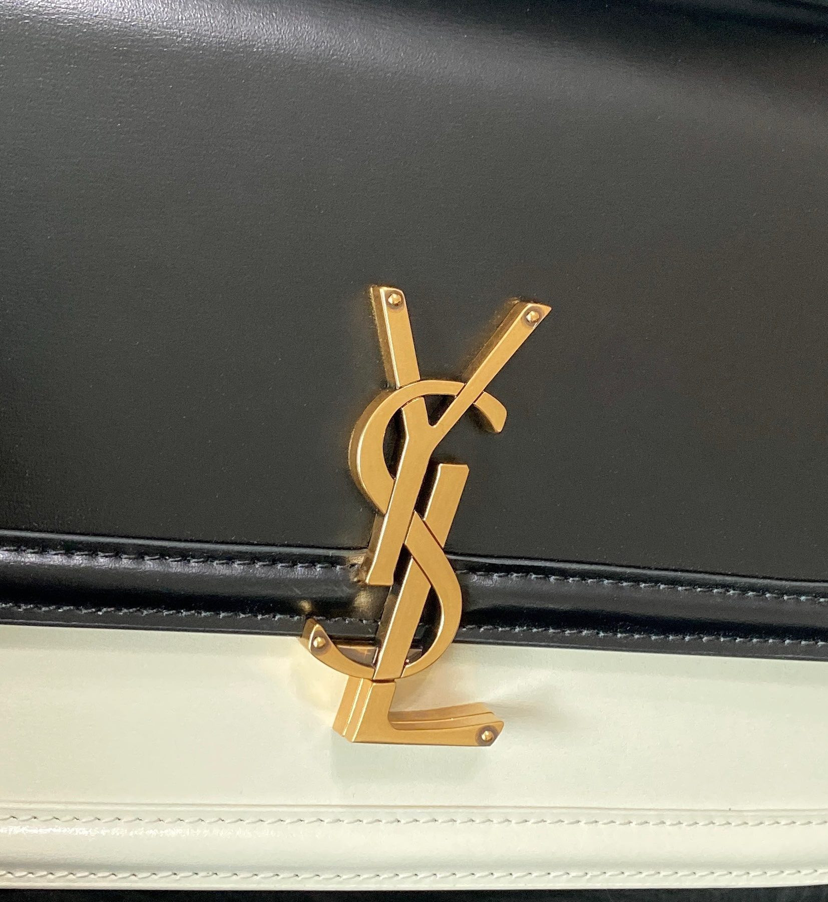 y*l solferino medium satchel in box Sa**t Lau*nt black white 9.1 x 6.3 x 2.4 inches