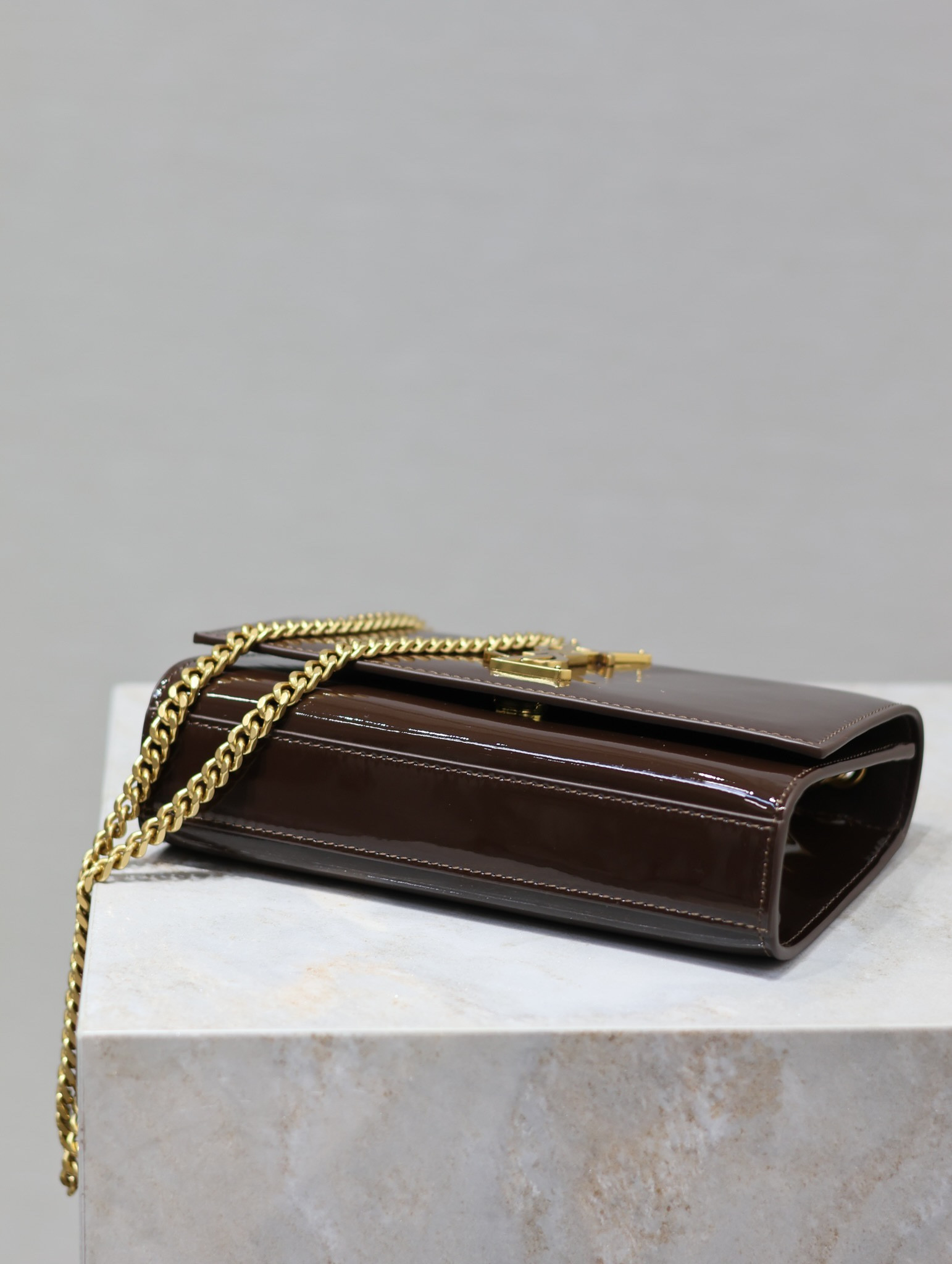 Y*L kate small in shiny leather coffee 7.8 x 4.9 x 1.9 inches