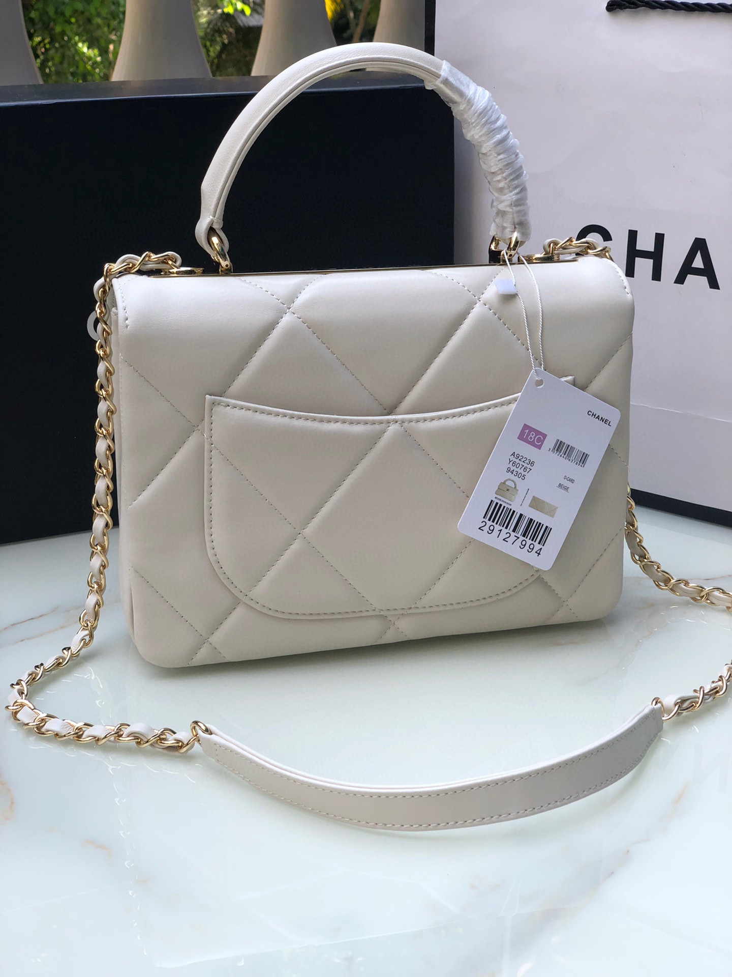 Ch*el flap bag with top handle 6.6 × 9.8 × 4.7 in