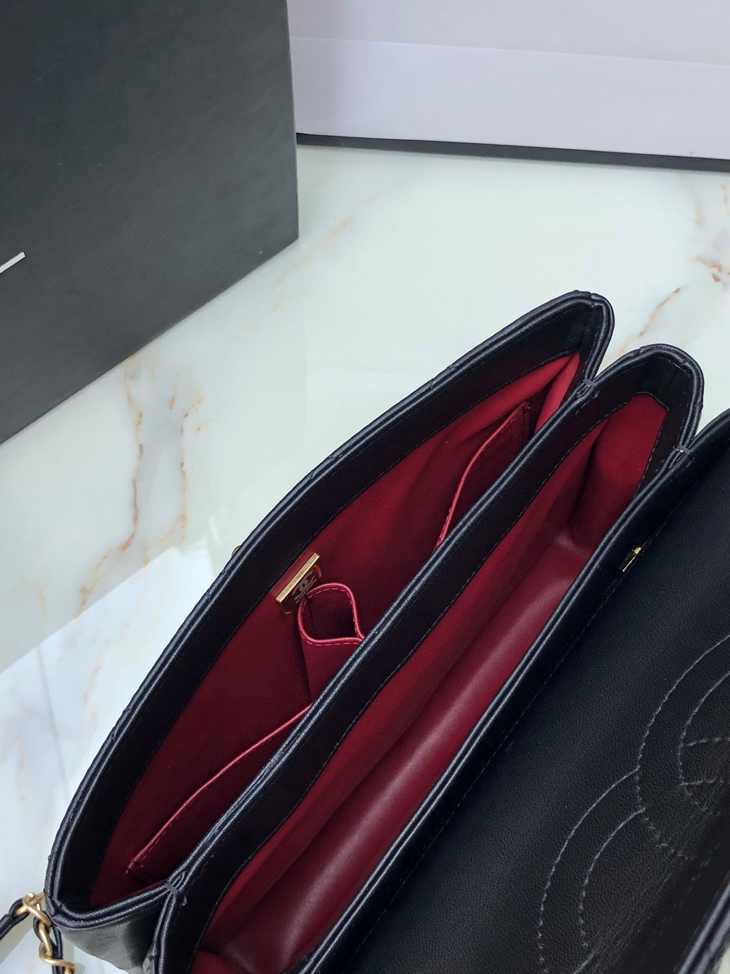 Ch*el flap bag with top handle 6.6 × 9.8 × 4.7 in