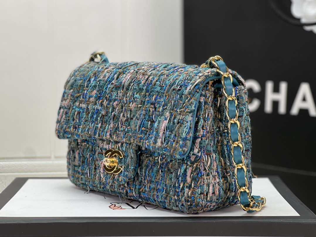 Ch*el mini classic 11.12 handbag tweed & gold-tone metal 4.7 × 7.8 × 2.3 in