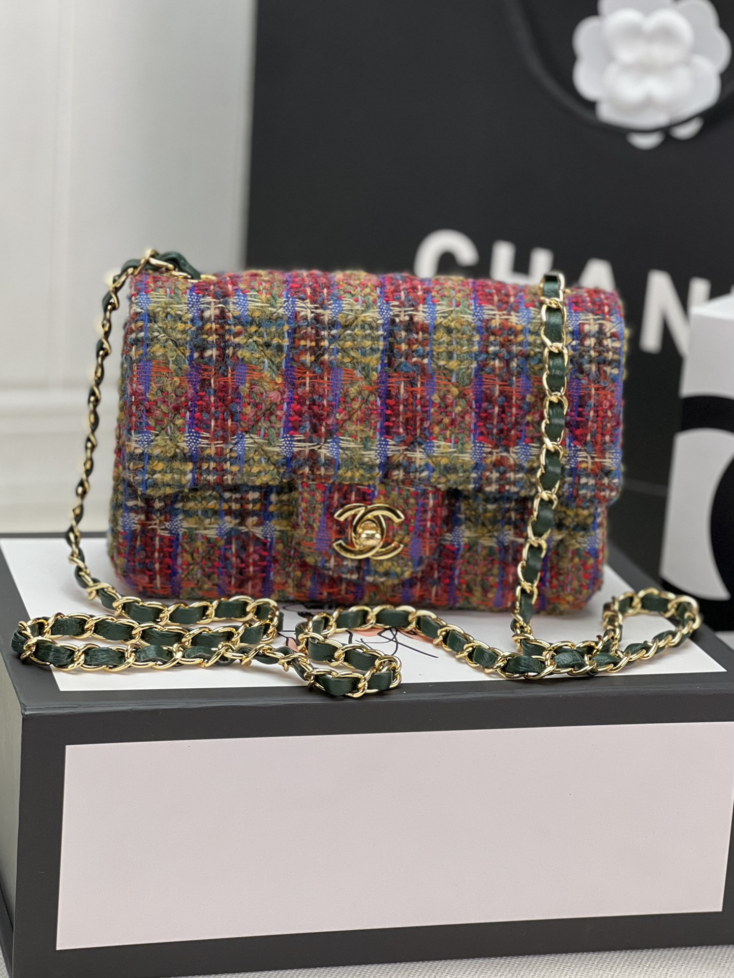 Ch*el mini classic 11.12 handbag tweed & gold-tone metal 4.7 × 7.8 × 2.3 in