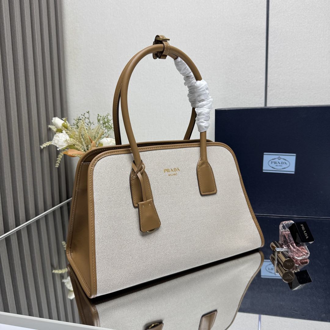 Pra*a medium linen blend and leather tote bag 22.5x35x18cm