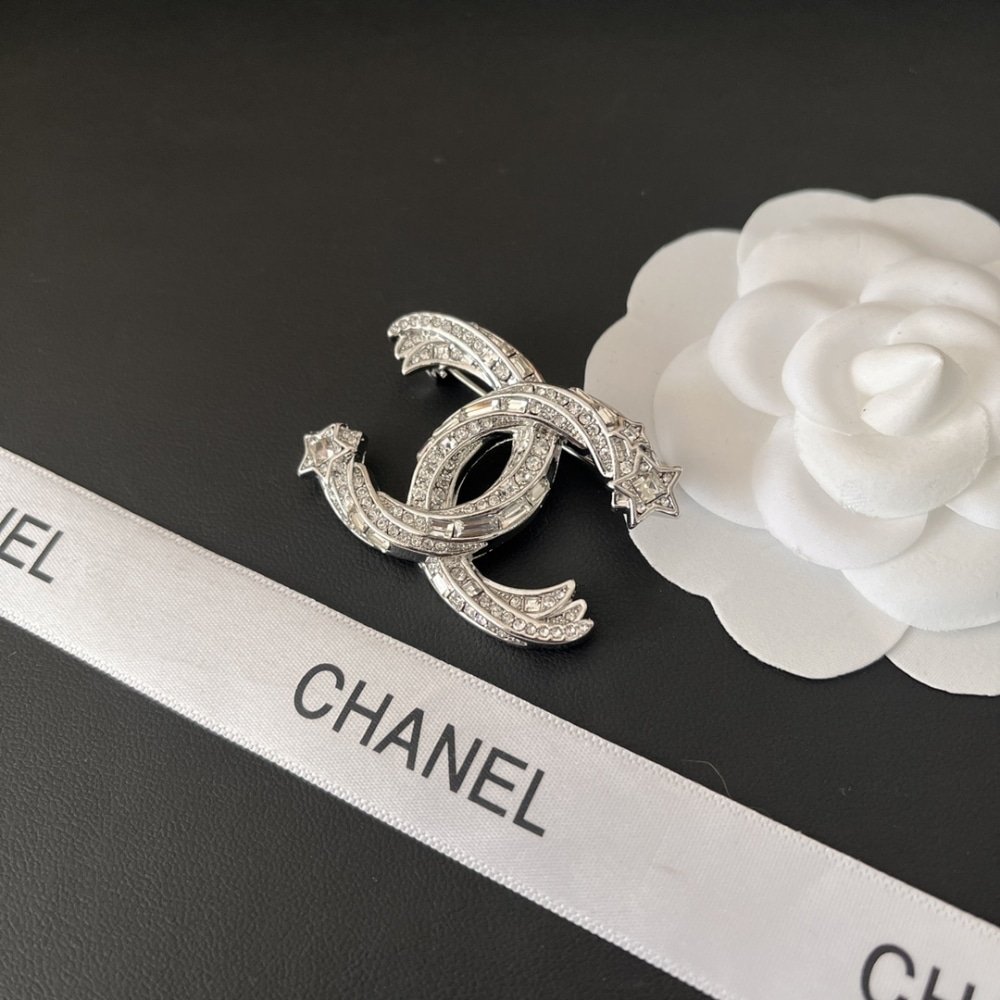 Ch**el Cc Brooch Silver With Stones Attached And Two Stars
