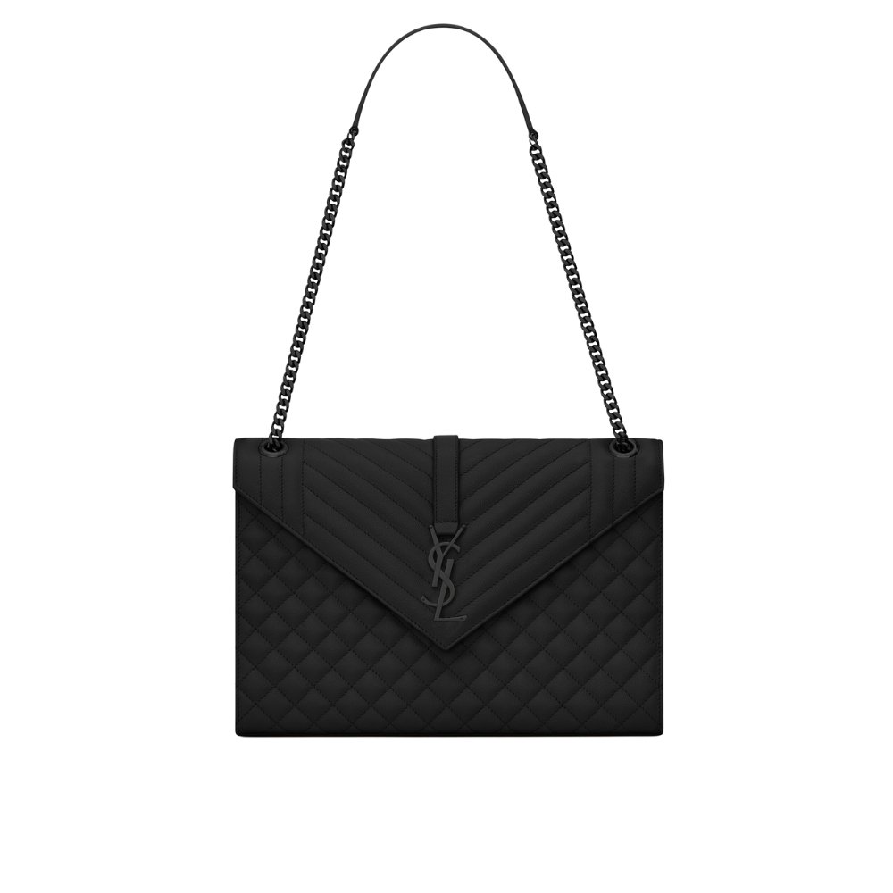 Sa1nt Lau*nt Envelope Large Grain De Poudre Embossed Leather Mix Matelassé Black 31Cm 600166Bow981000