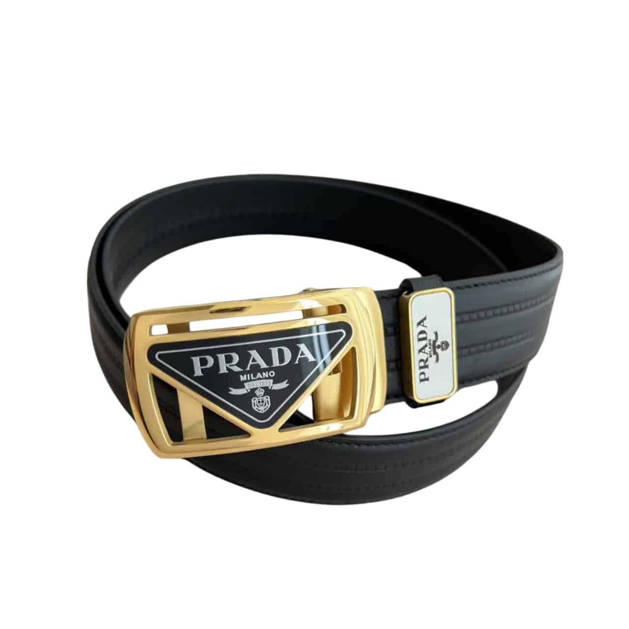 Pra*a Saffiano Leather Belt Gold Hardware In Black