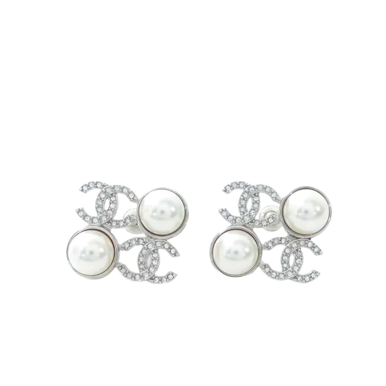 Ch**el Stud Earrings Glass Pearls Silver Abf730 B20573 U0937
