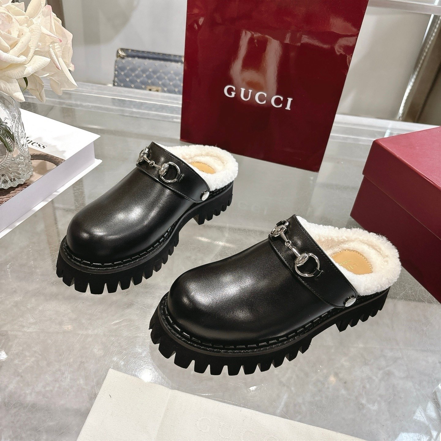 Gvc*1 Horsebit Shearling Mules In Black Leather