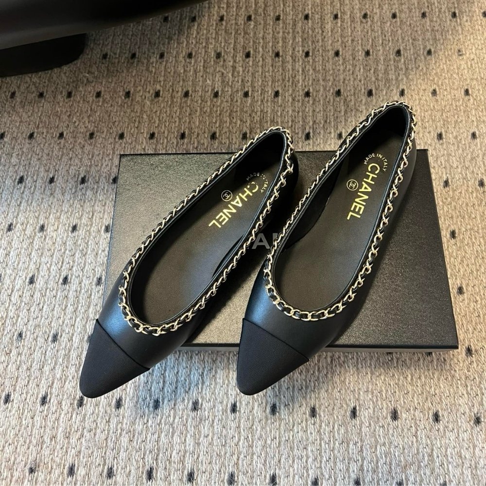 Ch**el Leather And Fabric Cc Chain Link Ballet Flats Black