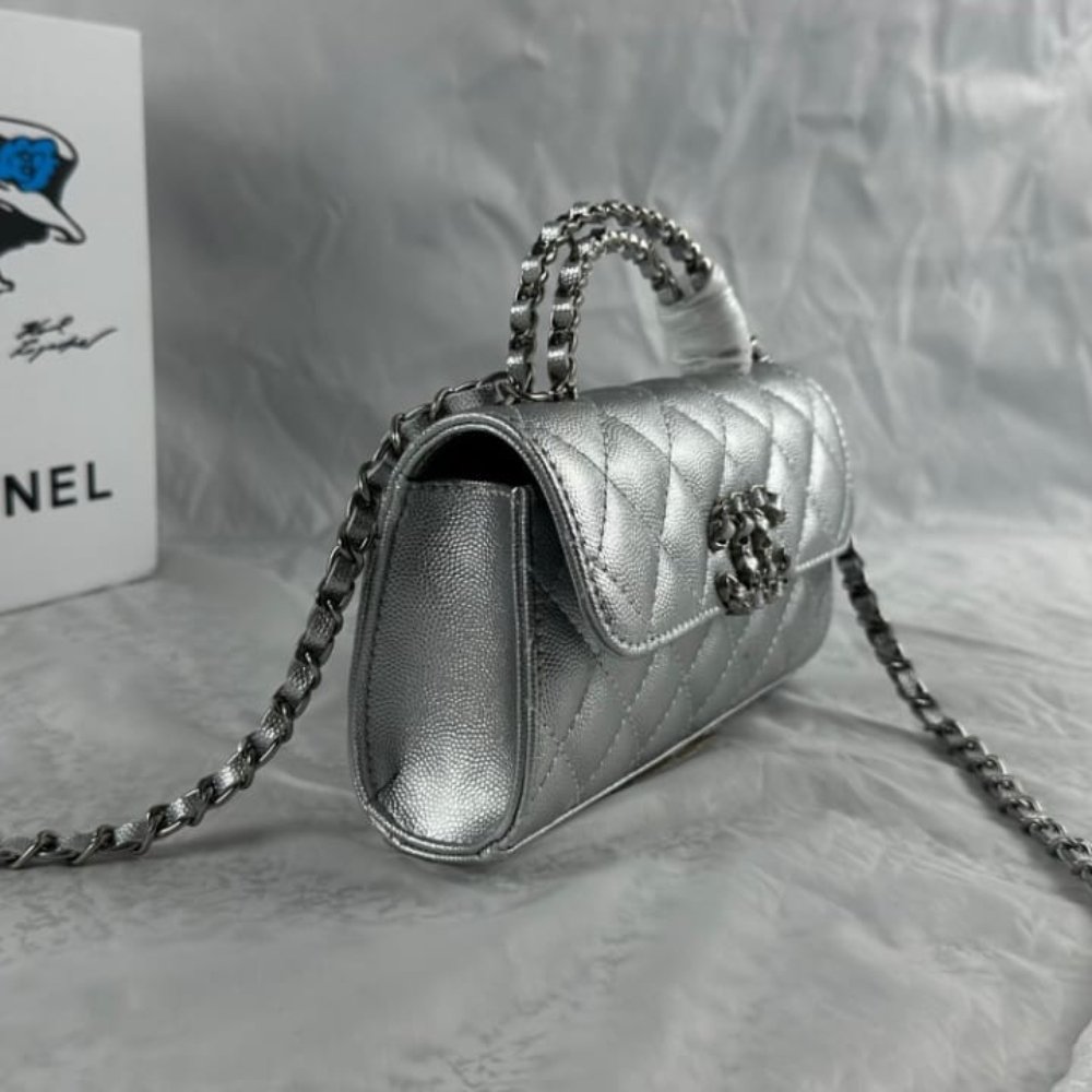 Ch**el 23P Clutch With Chain Bag Grained Leather Silver 18cm