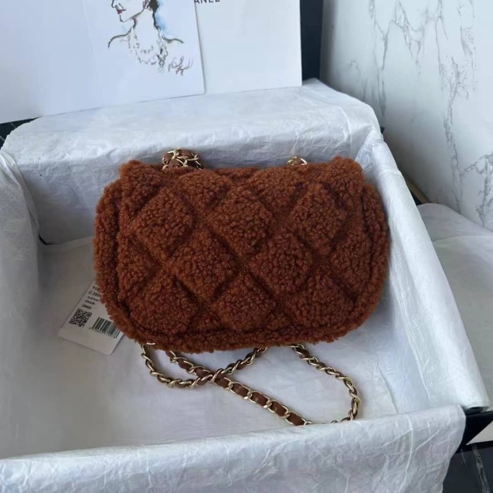[S*per Vip 1:1] Ch**el Flap Bag Teddy Shearling And Gold Tone Metal Brown 19Cm