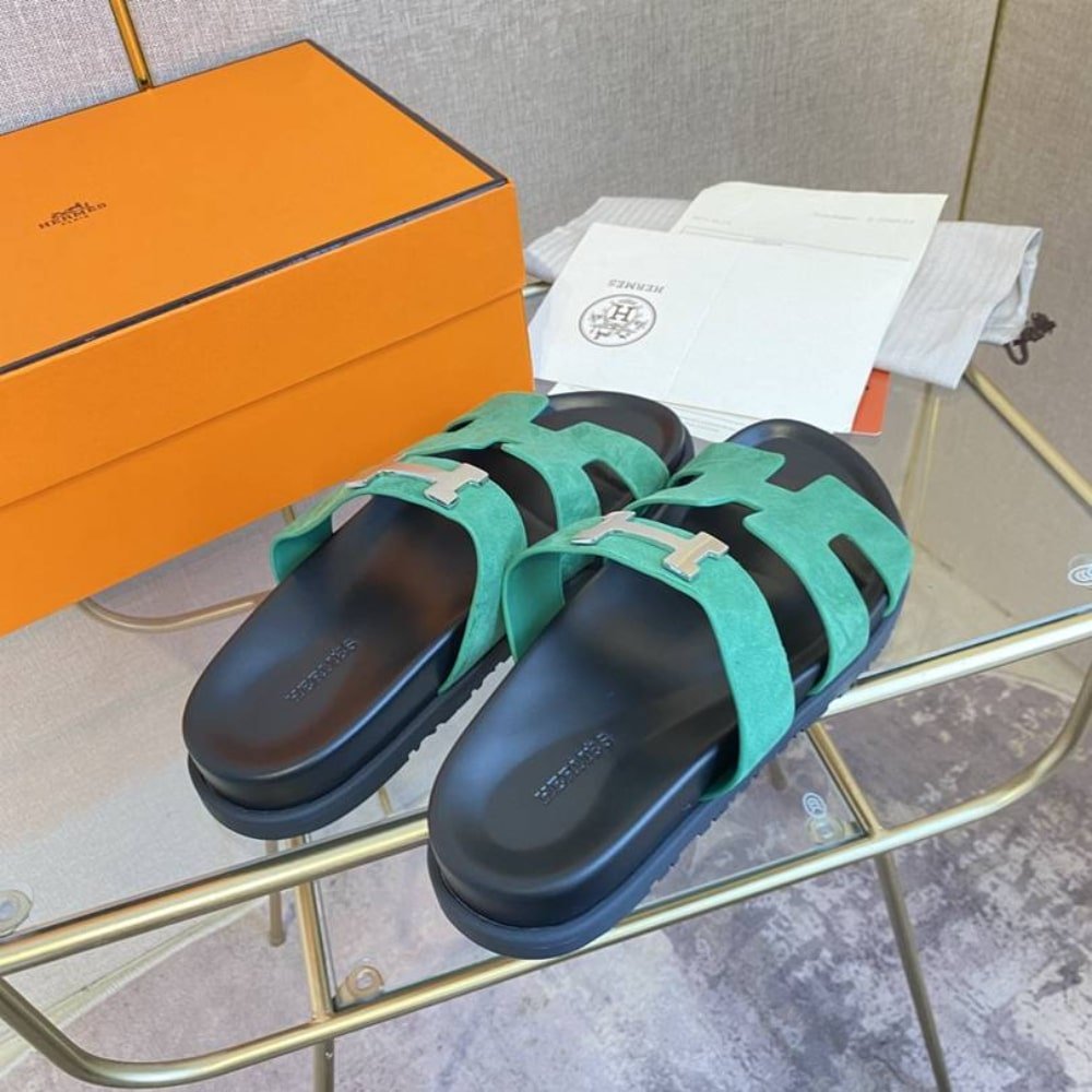 H**me5 Chypre Sandal Suede H Logo Silver Hardware Green
