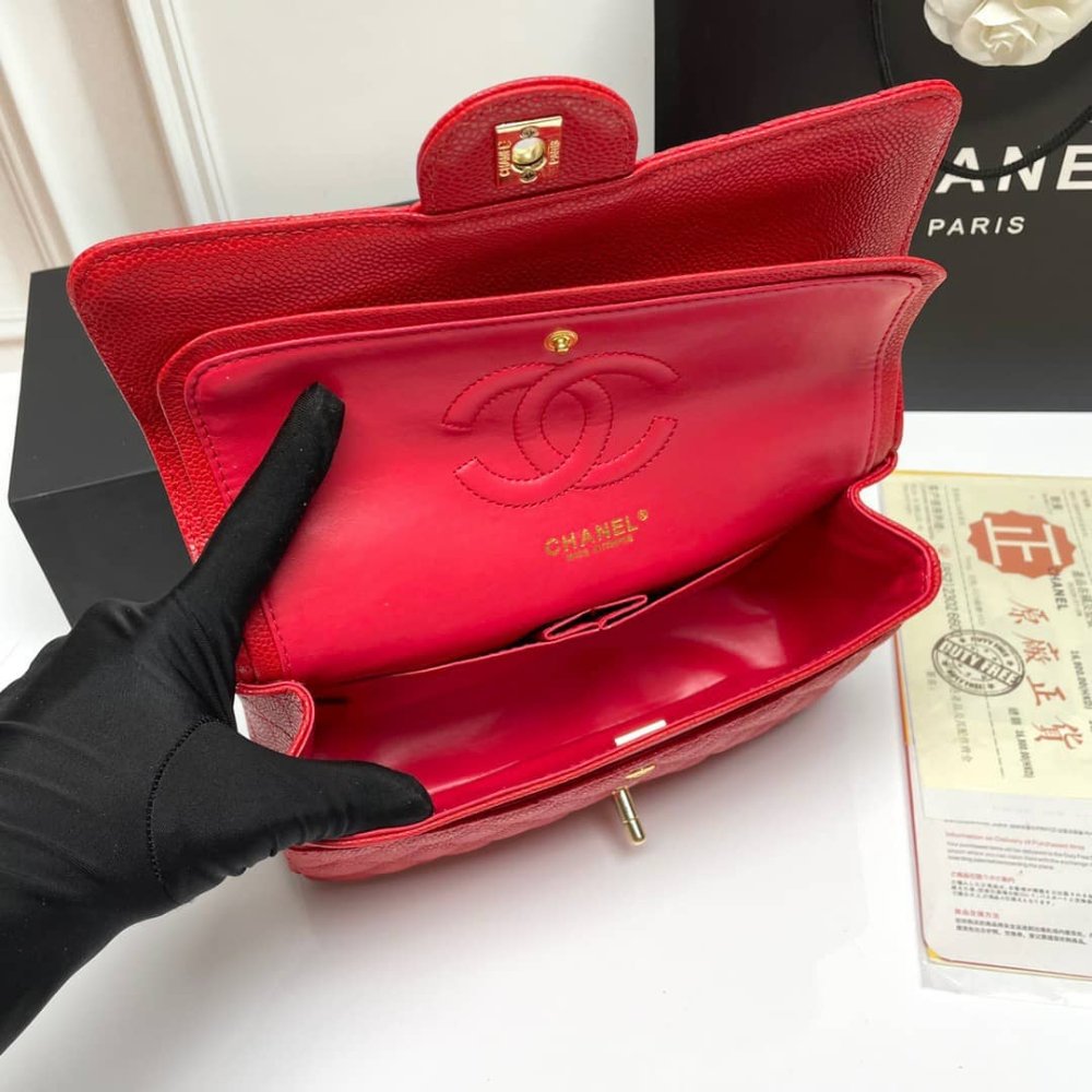 Ch**el Medium Classic Flap Bag Dark Red Caviar 26Cm